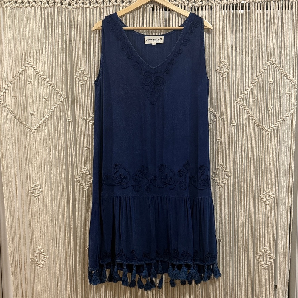 Wishing Waves Embroidered Mini Dress with Tassel Hem